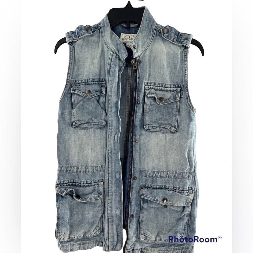 LUCKY BRAND SLEEVELESS FADED ZIP FRONT JACKET 4 FRONT POCKETS SMALL